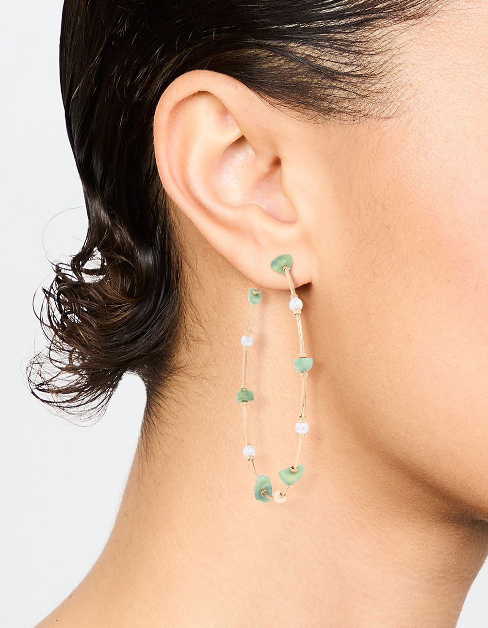 Gold Green Stone & Pearl Hoop Earrings