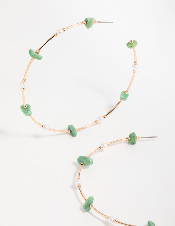 Gold Green Stone & Pearl Hoop Earrings