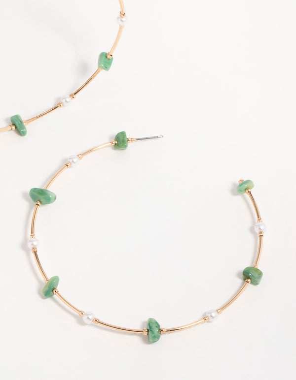 Gold Green Stone & Pearl Hoop Earrings