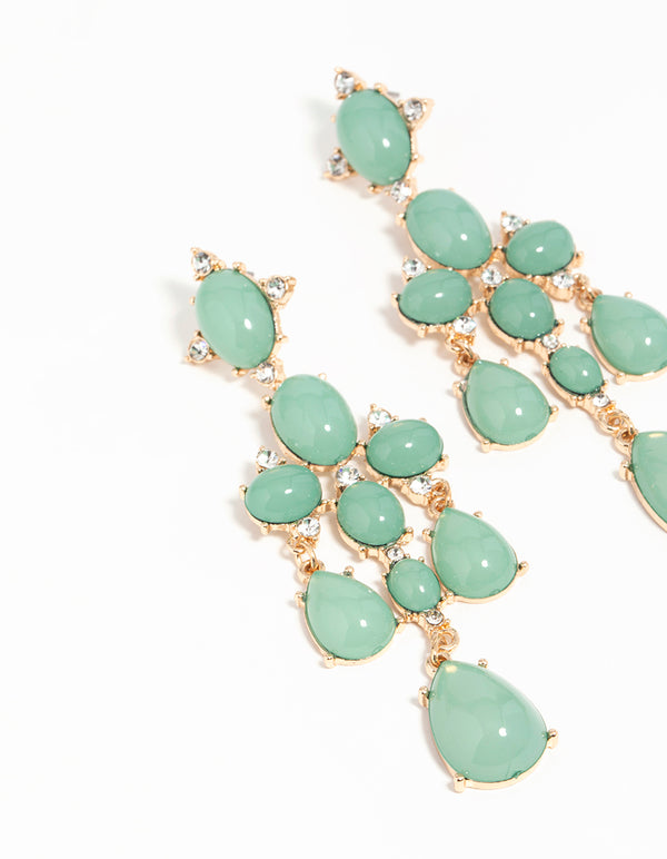 Gold Green Stone Tiered Drop Earrings