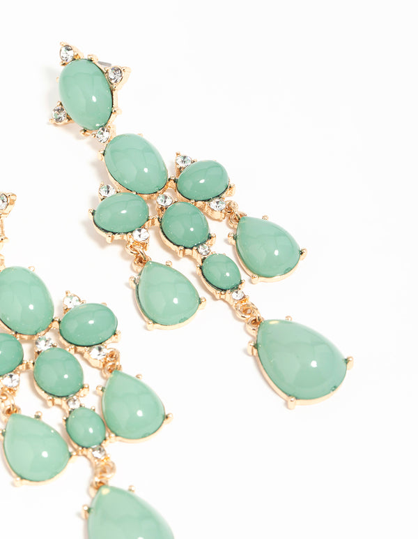 Gold Green Stone Tiered Drop Earrings