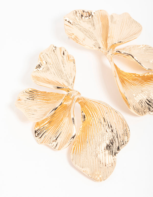 Gold Etched Large Leaf Drop Earrings