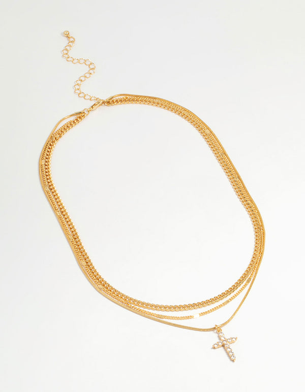 Gold Plated Cross & Chain Layered Necklace