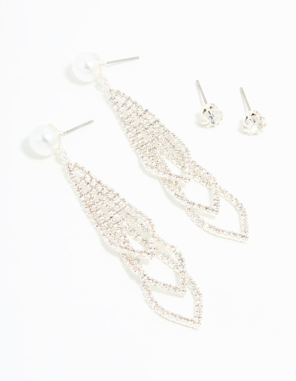 Silver Diamante Pearl Triangular Layered Earrings 2-Pack