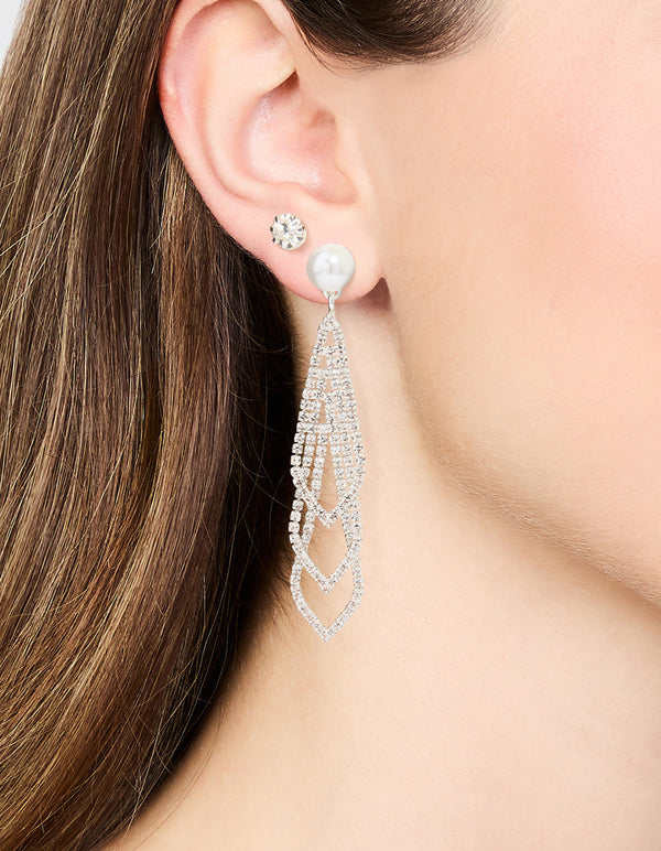Silver Diamante Pearl Triangular Layered Earrings 2-Pack
