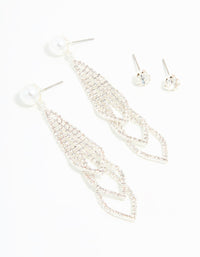 Silver Diamante Pearl Triangular Layered Earrings 2-Pack - link has visual effect only