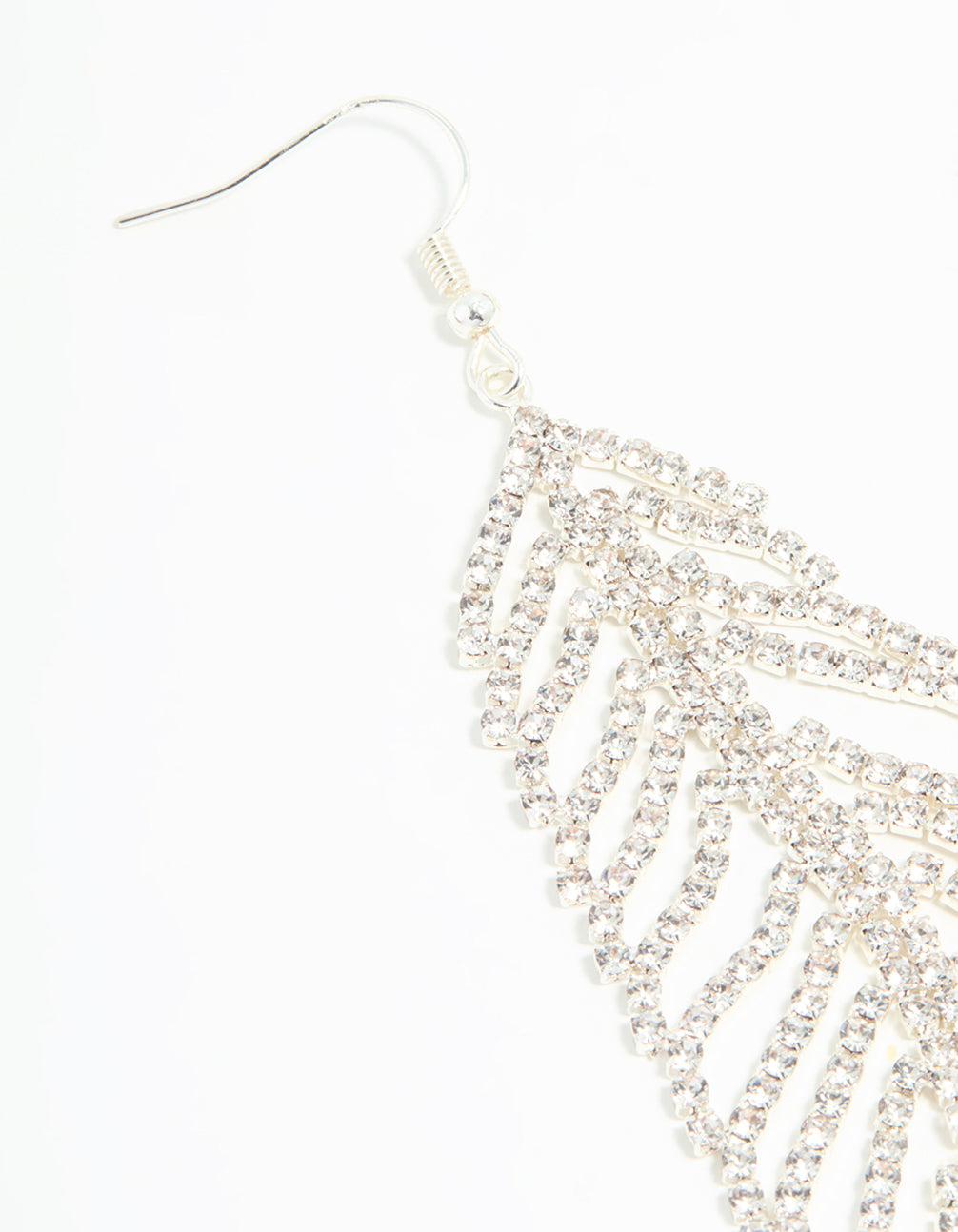 Silver Diamante Large Leaf Outline Hook Drop Earrings