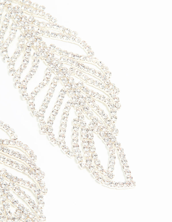 Silver Diamante Large Leaf Outline Hook Drop Earrings
