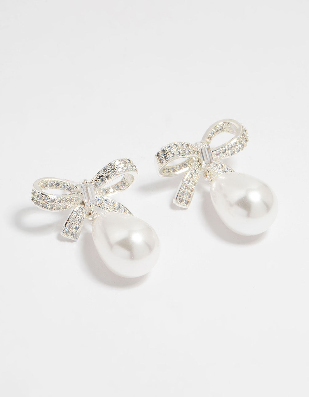 Silver Plated Cubic Zirconia & Pearl Bow Drop Earrings