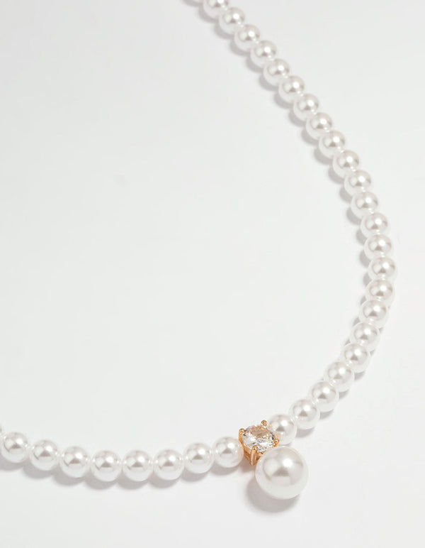 Gold Plated Pearl Cubic Zirconia Necklace