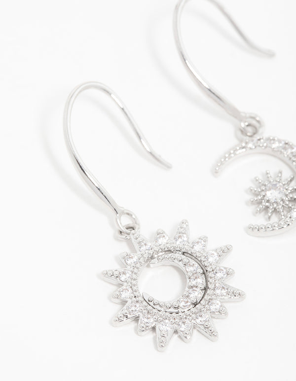 Silver Cubic Zirconia Moon & Sun Drop Earrings