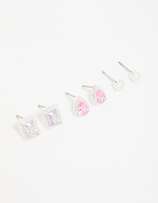 Silver Cubic Zirconia Teardrop & Square Stud Earrings 3-Pack
