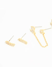 Gold Plated Brass Cubic Zirconia Chain & Stud Earrings 3-Pack - link has visual effect only