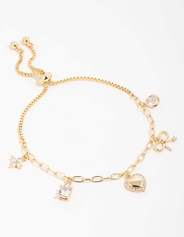 Gold Plated Brass Cubic Zirconia Heart & Bow Charm Bracelet