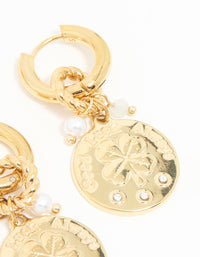 Waterproof Gold Plated Stainless Steel Clover Coin Drop Hoop Earrings - link has visual effect only