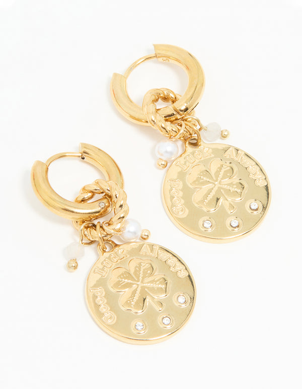 Waterproof Gold Plated Stainless Steel Clover Coin Drop Hoop Earrings