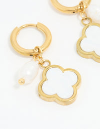 Waterproof Gold Plated Stainless Steel Pearl & Flower Hoop Earrings - link has visual effect only