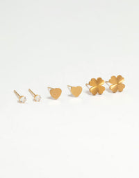 Waterproof Gold Plated Stainless Steel Diamante Clover & Heart Earring Stack Pack - link has visual effect only
