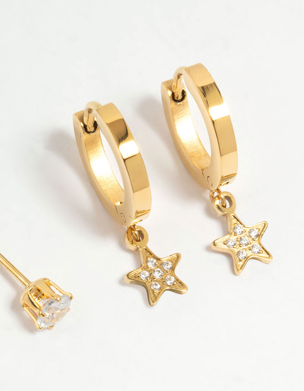 Waterproof Gold Plated Stainless Steel Diamante Star & Heart Stud Earrings 3-Pack