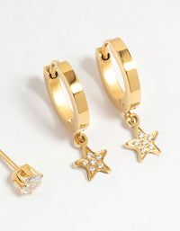 Waterproof Gold Plated Stainless Steel Diamante Star & Heart Stud Earrings 3-Pack - link has visual effect only
