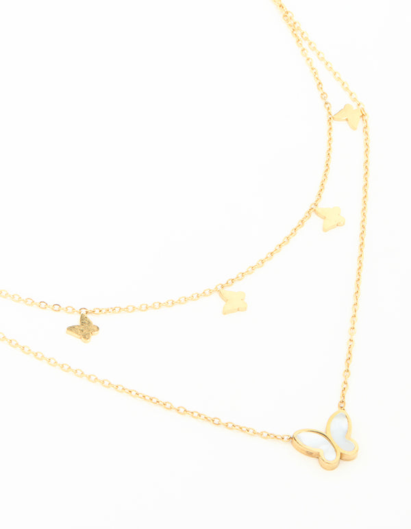 Waterproof Gold Plated Stainless Steel Butterfly Layered Necklace