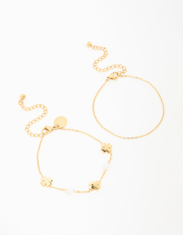 Waterproof Gold Plated Stainless Steel Clover & Pearl Bracelets 2-Pack