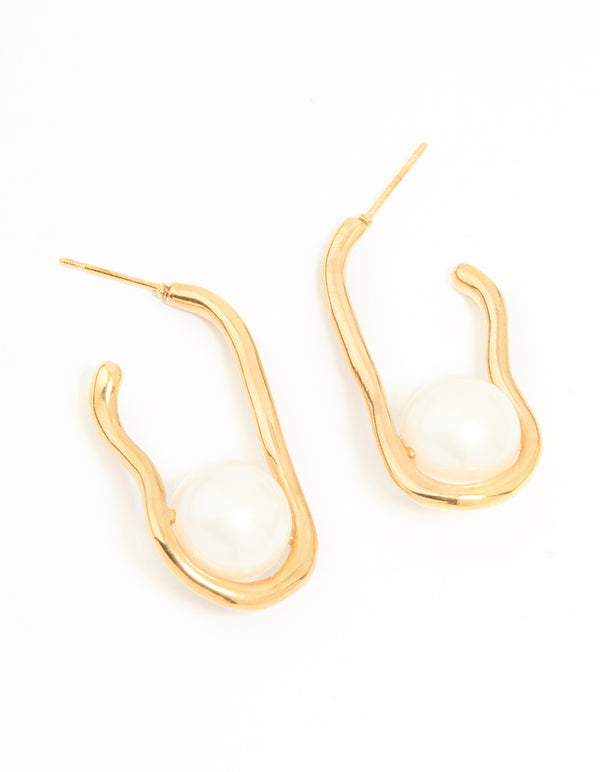 Waterproof Gold Plated Stainless Steel Pearl Twist Hoop Earrings