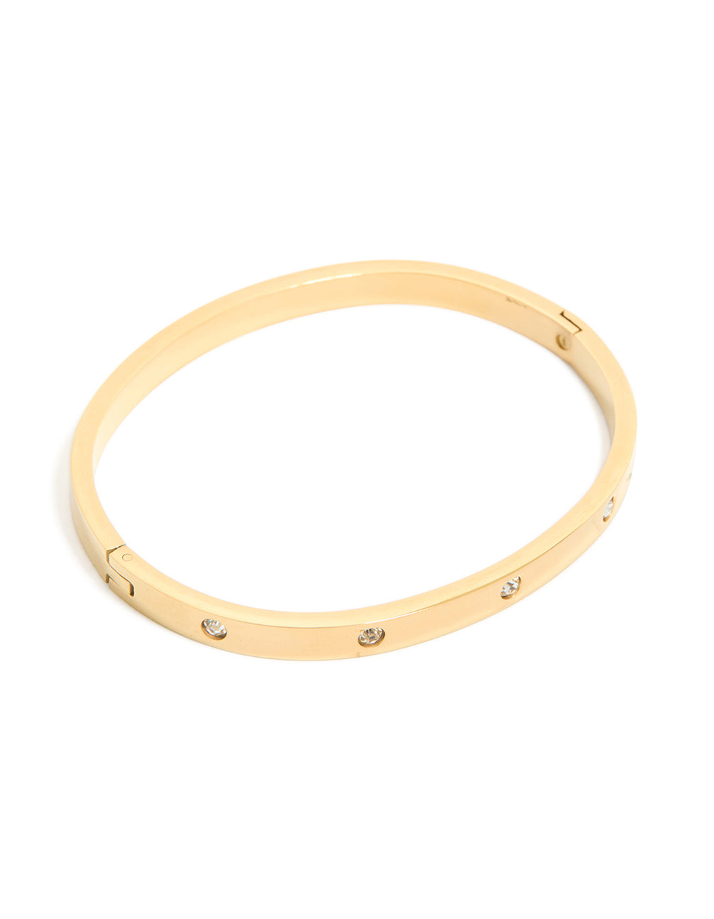 Beautifully crafted waterproof statement gold plated stainless steel diamante hinged bangle front view