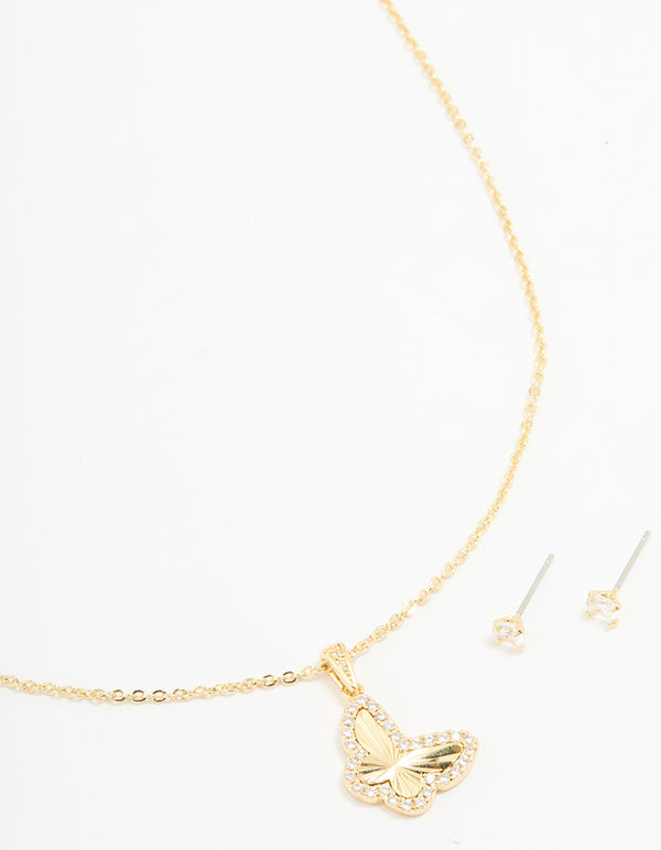 Gold Plated Cubic Zirconia Butterfly Necklace & Stud Earrings Set