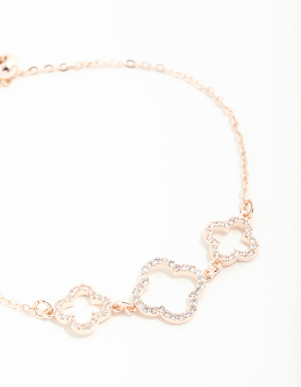 Rose Gold Cubic Zirconia Flower Trio Toggle Bracelet