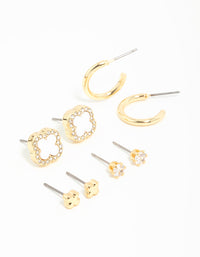 Gold Plated Diamante Flower Studs & Hoop Earrings 4-Pack - link has visual effect only