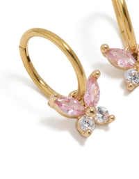 Highlighting intricate butterfly design with pink and white cubic zirconia stones in polished surgical steel close up view - link has visual effect only