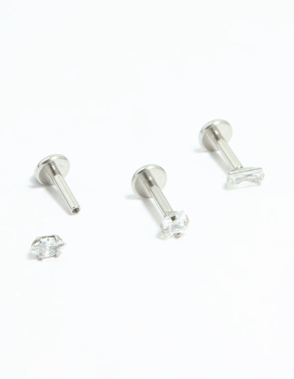 Surgical Steel Cubic Zirconia Mixed Shape Flat Back Studs 3-Pack