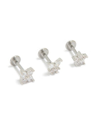 Surgical Steel Cubic Zirconia Floral Flat Back Studs 3-Pack - link has visual effect only