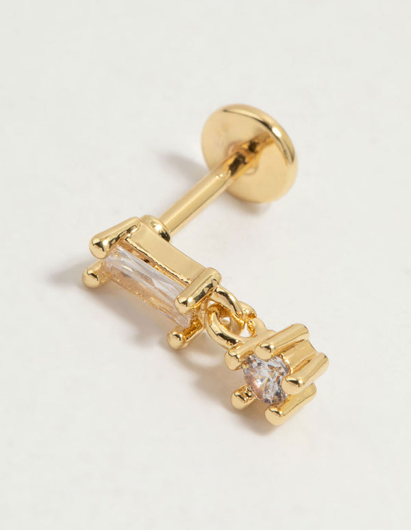 Gold Plated Surgical Steel Cubic Zirconia Baguette Drop Flat Back Stud