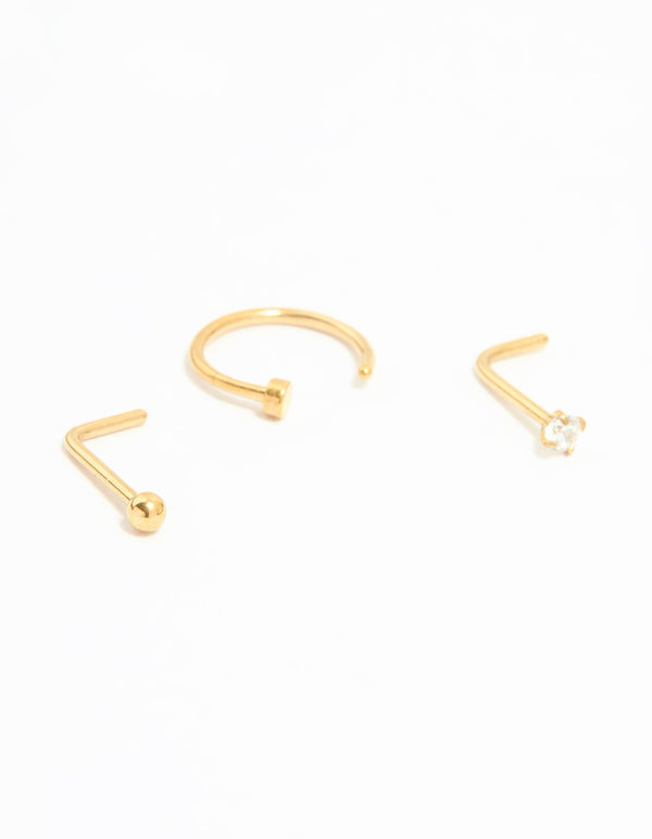 Gold Plated Titanium Cubic Zirconia Nose Ring & Studs 3-Pack