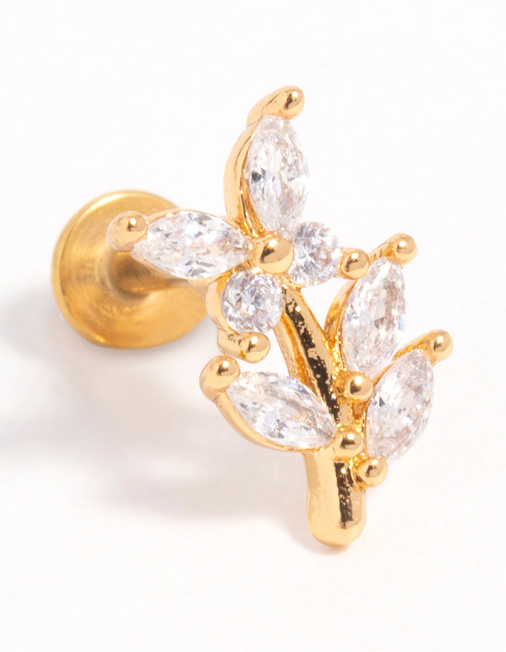 Gold Plated Titanium Cubic Zirconia Flower Flat Back Stud