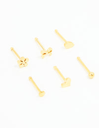 Gold Plated Surgical Steel Heart, Bow & Flower Nose Stud 6-Pack - link has visual effect only