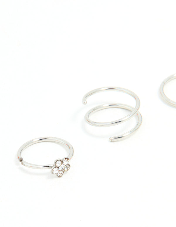 Surgical Steel Mixed Flower Hoop Nose Ring 3-Pack