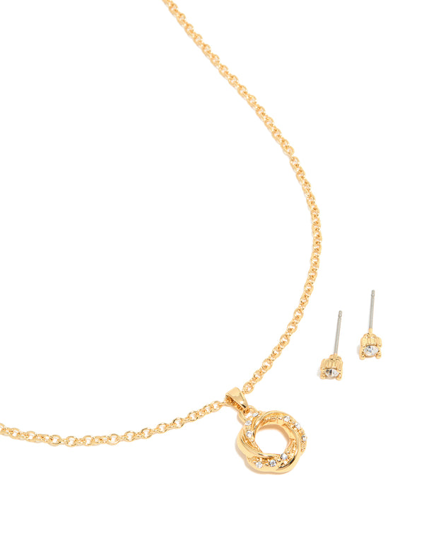 Gold Plated Diamante Knotted Necklace & Stud Earrings Set