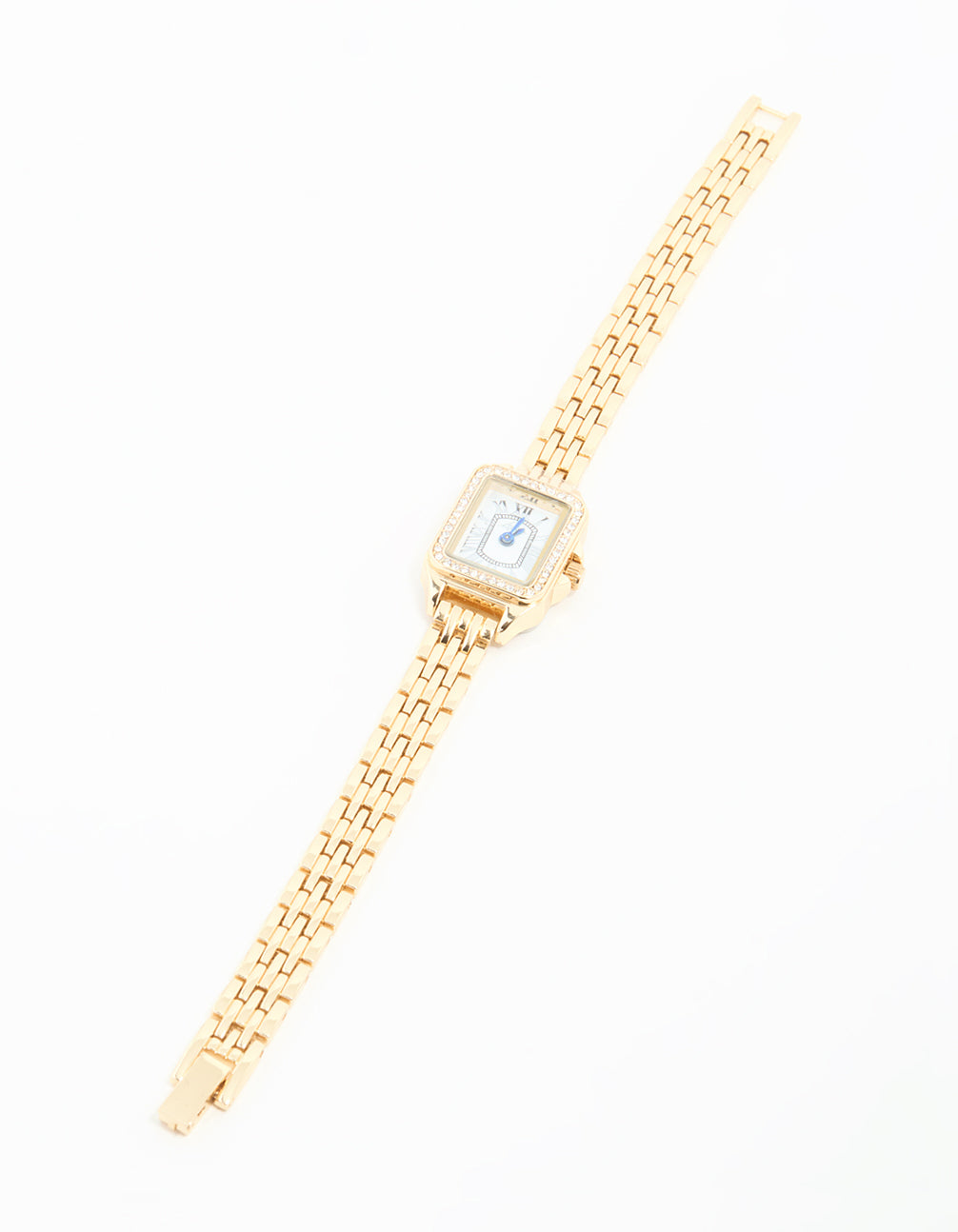 Featuring a diamante mini rectangular watch with white dial featuring roman numerals, rectangular shape designed for women, formal occasions, analog display, statement link band in gold front view