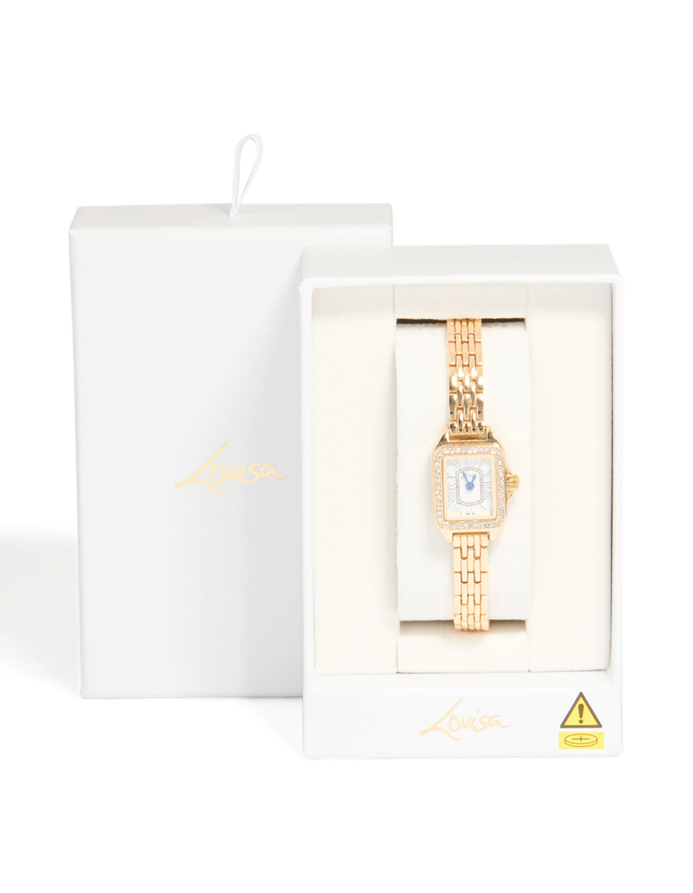 Beautifully crafted, this diamante mini rectangular watch with white dial featuring roman numerals, rectangular shape designed for women, formal occasions, analog display, statement link band in gold shown in packaging case detail view