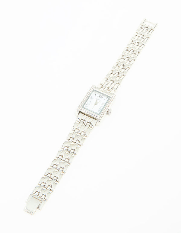 Silver Diamante Roman Numeral Rectangle Watch