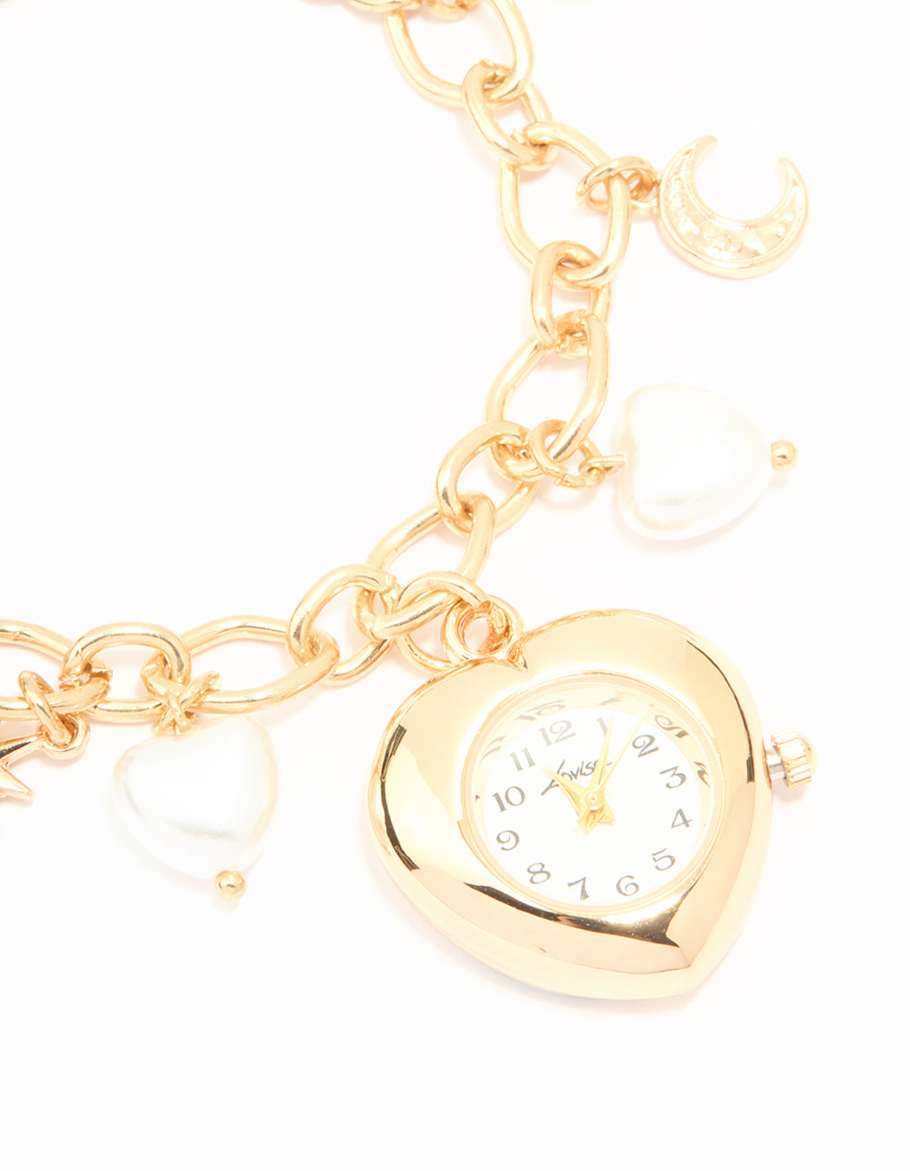 Showcasing gold pearl heart charm watch bracelet with moon and star details, white round numbered dial, analog style, designed for women for casual wear watch face detail view