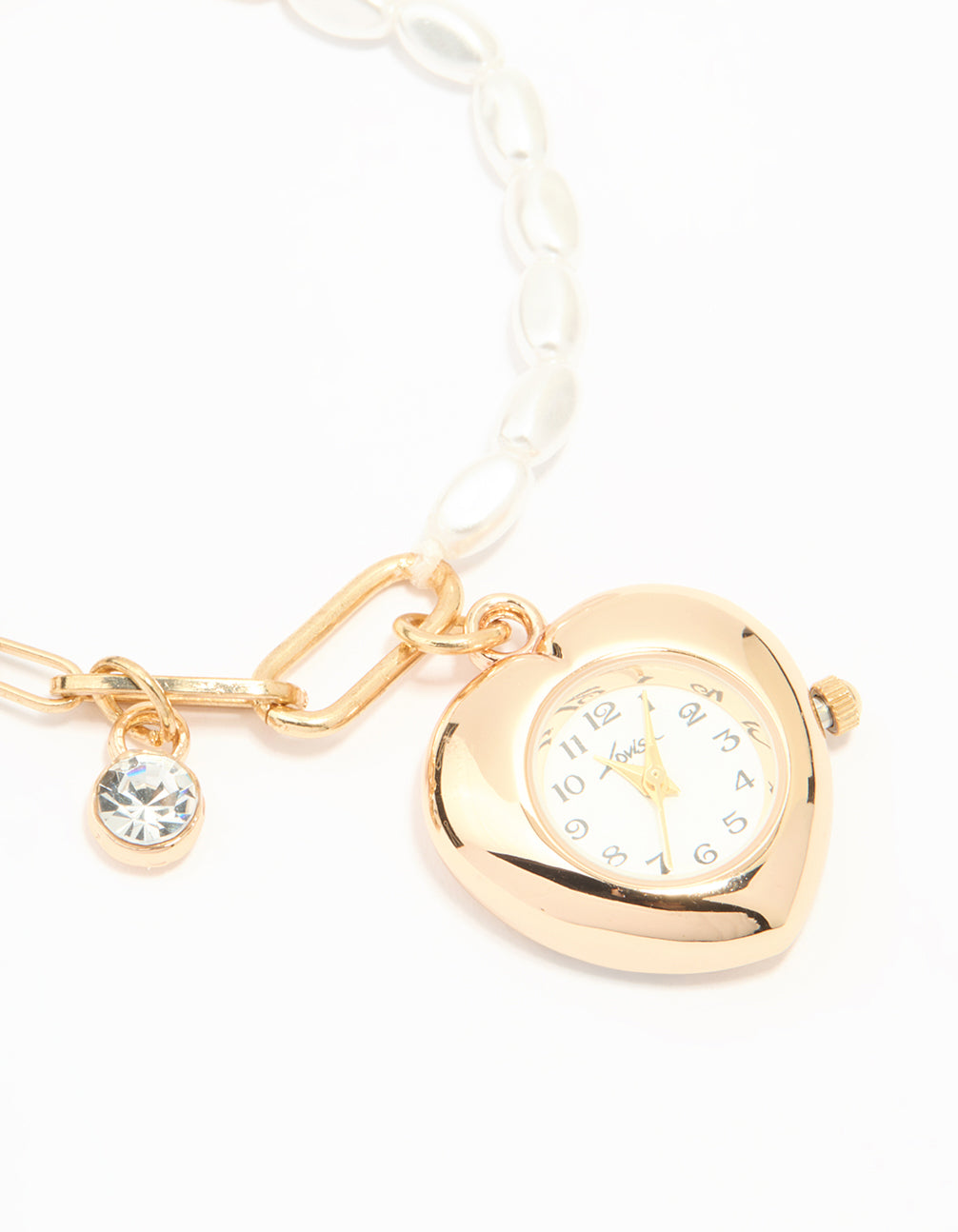 Featuring a gold pearl heart watch bracelet with charms, white dial with number, analog display, link band, and casual styling for women watch face detail view