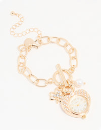 Gold Diamante & Pearl Watch Clover Charm Bracelet - link has visual effect only