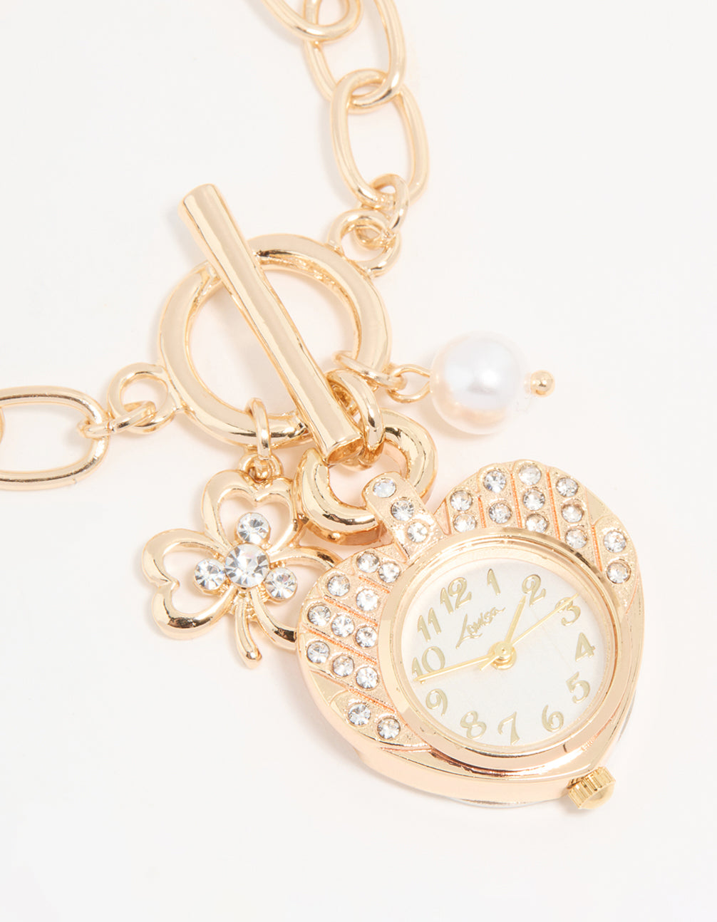Sophisticated gold diamante and pearl watch clover charm bracelet with floral detail, numbers on a white round dial, crafted for women's casual analog wear watch face detail view