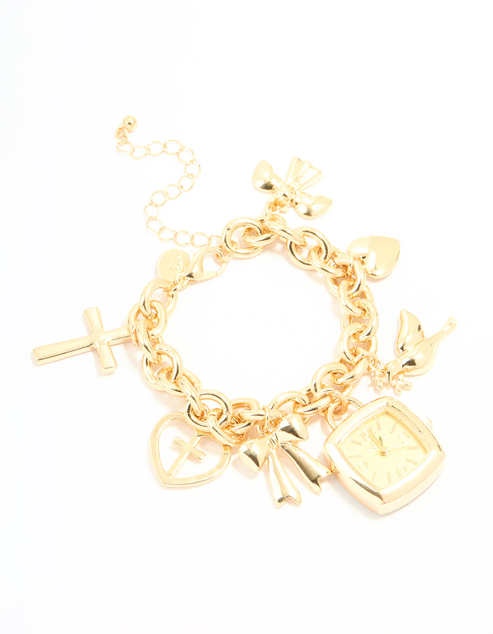 Showcasing a statement charm bracelet watch featuring bird, bow, heart, and cross charms, with yellow dial, square shape, women's casual analog timepiece on link band in gold front view