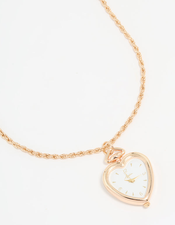 Gold Heart Pocket Watch Necklace