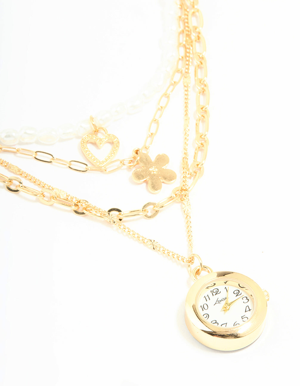 Elegant gold pearl watch and layered necklace featuring floral and heart accents, white dial, number display, round shape for women casual wear, statement pendant style and analog link band timepiece watch face detail view
